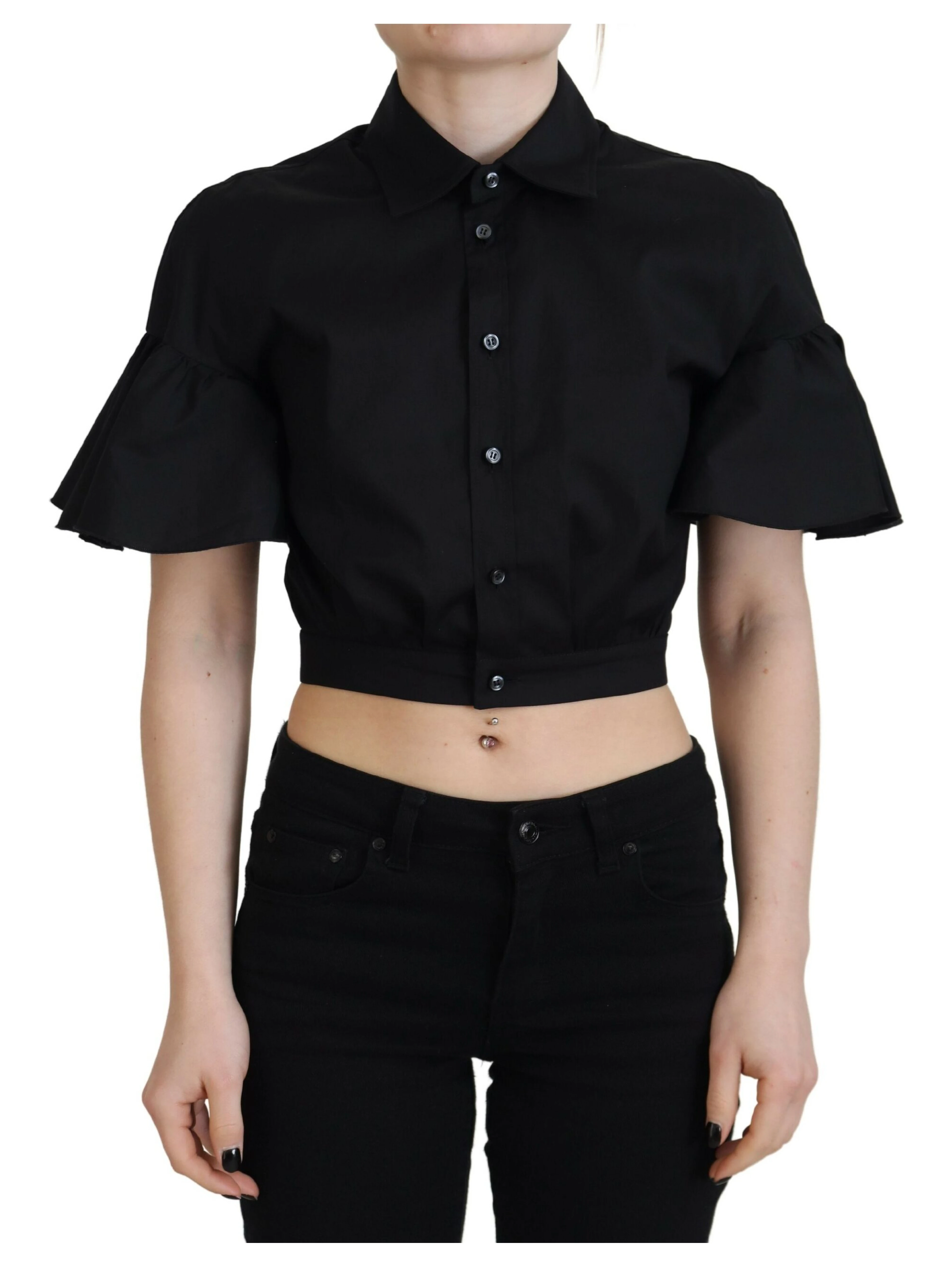 Black Collared Button Down Short Sleeve Cropped Top