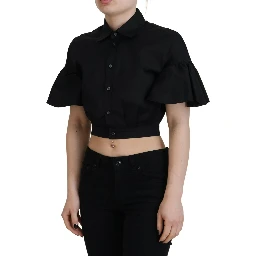 Black Collared Button Down Short Sleeve Cropped Top