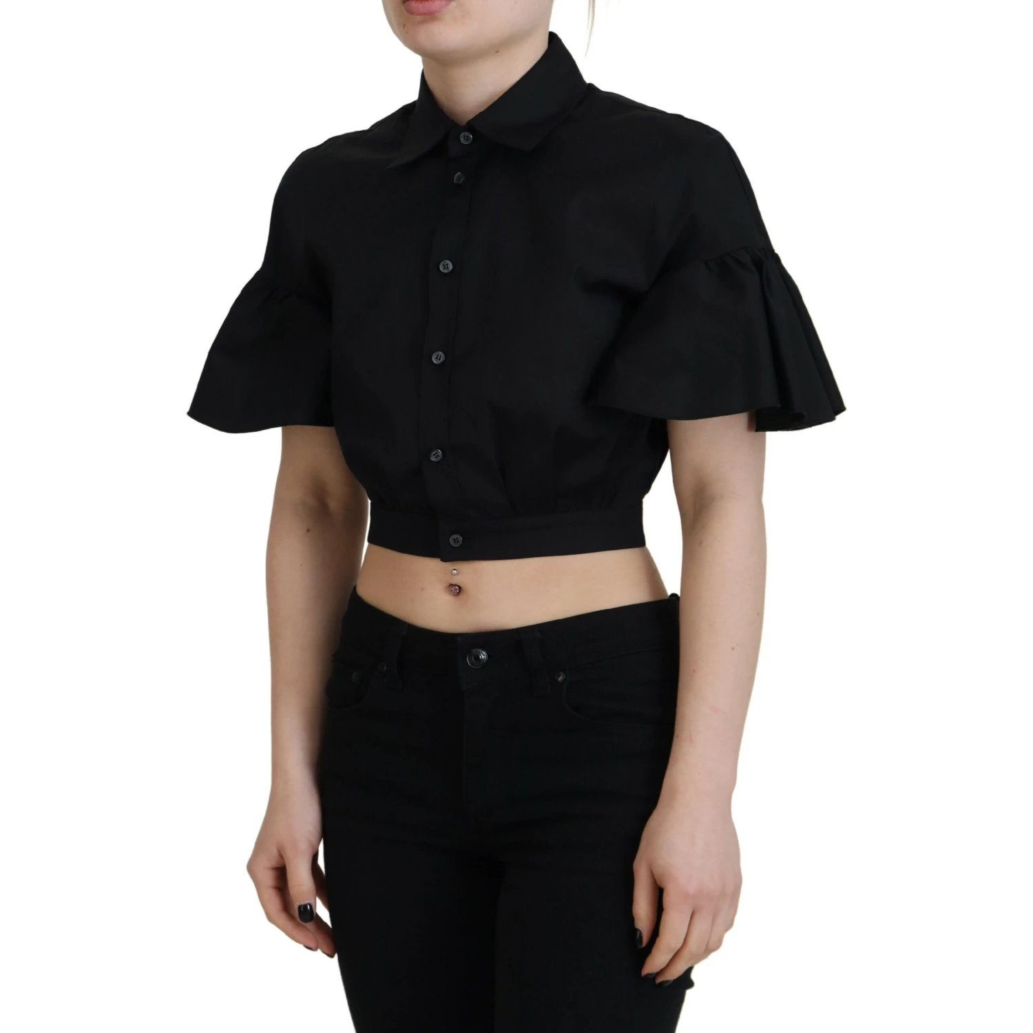Black Collared Button Down Short Sleeve Cropped Top