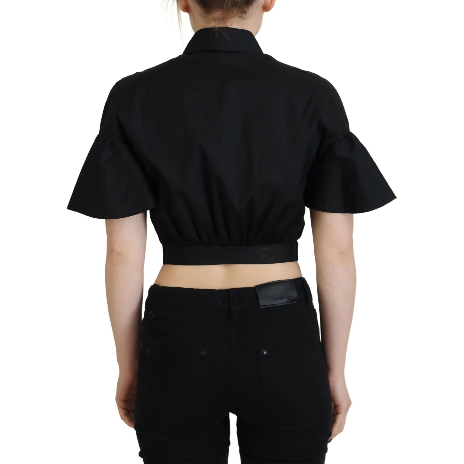 Black Collared Button Down Short Sleeve Cropped Top