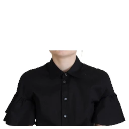 Black Collared Button Down Short Sleeve Cropped Top