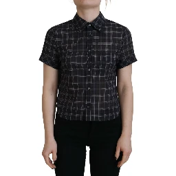 Black Checkered Collared Button Short Sleeves Top