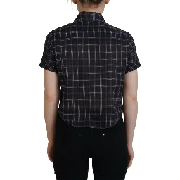 Black Checkered Collared Button Short Sleeves Top