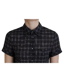 Black Checkered Collared Button Short Sleeves Top