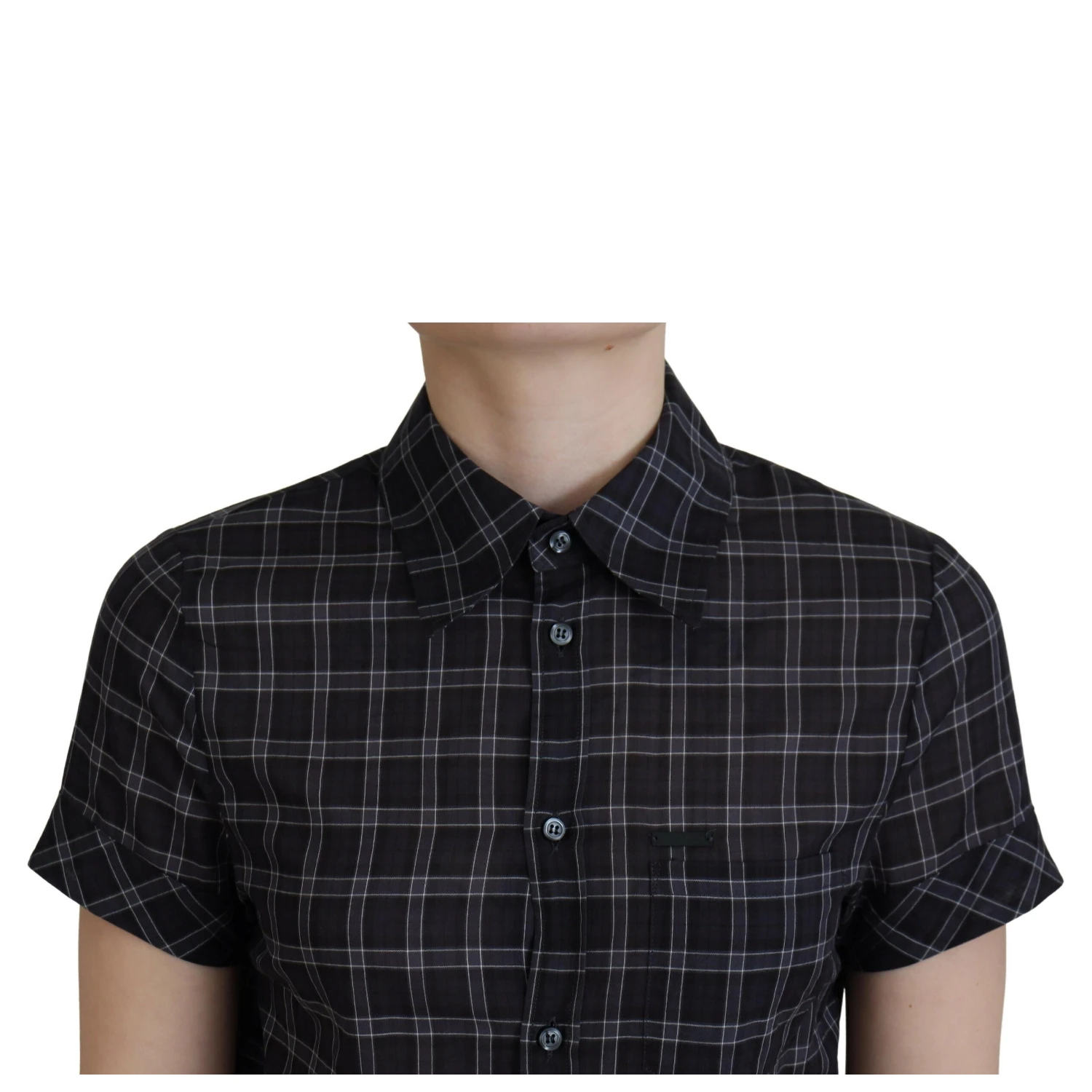 Black Checkered Collared Button Short Sleeves Top
