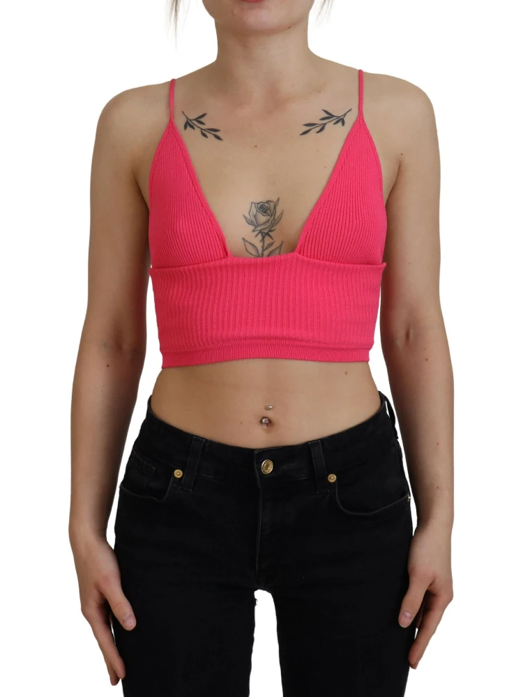Pink Ribbed Knit Bra Cropped Spaghetti Strap Top