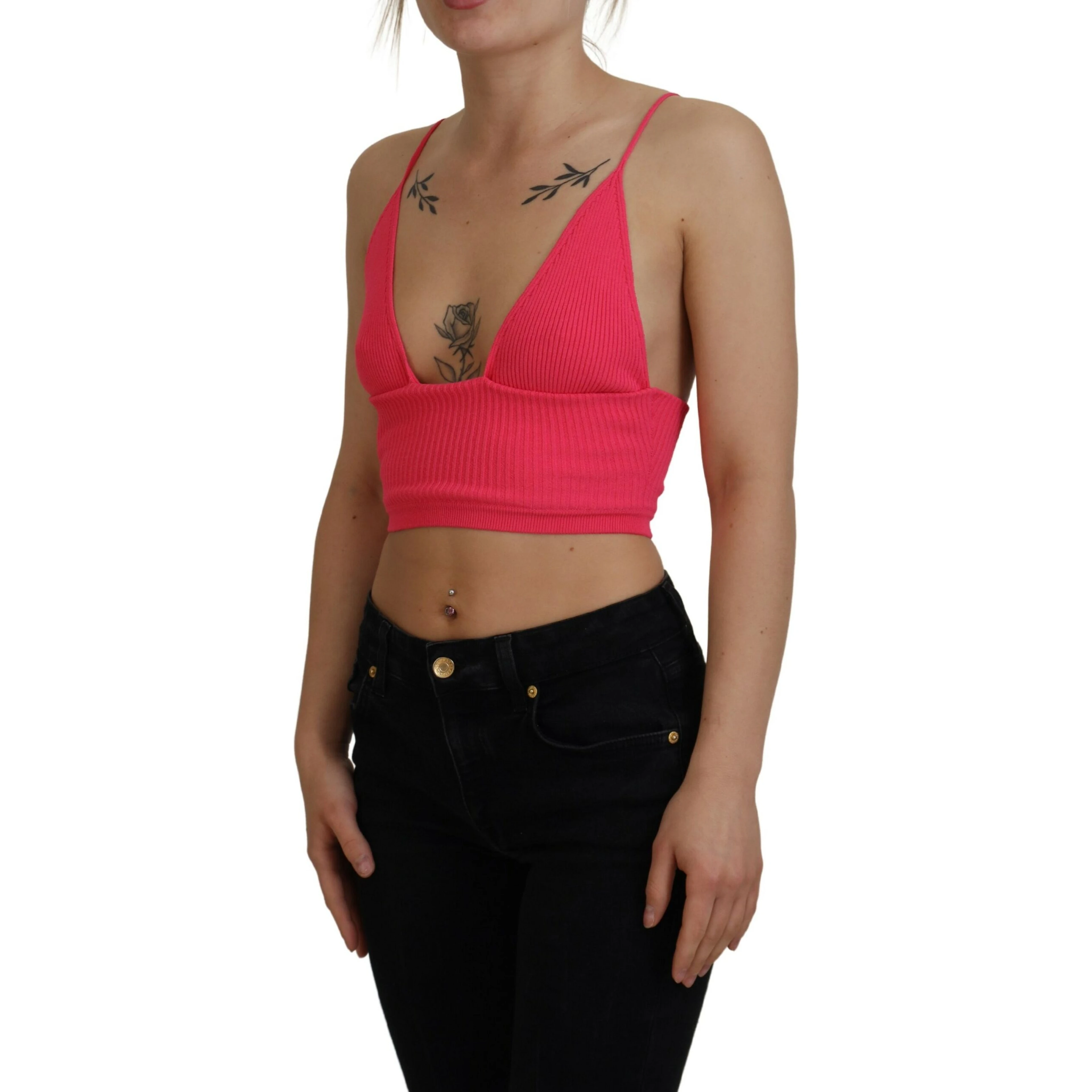 Pink Ribbed Knit Bra Cropped Spaghetti Strap Top