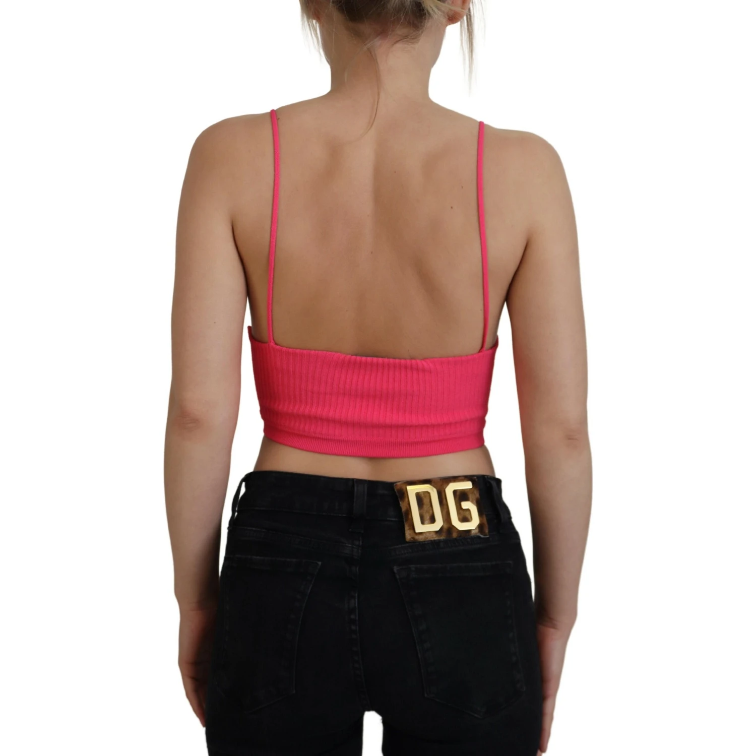 Pink Ribbed Knit Bra Cropped Spaghetti Strap Top