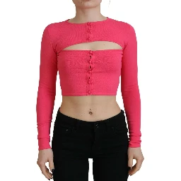 Pink Viscose Knit Open Chest Long Sleeves Top