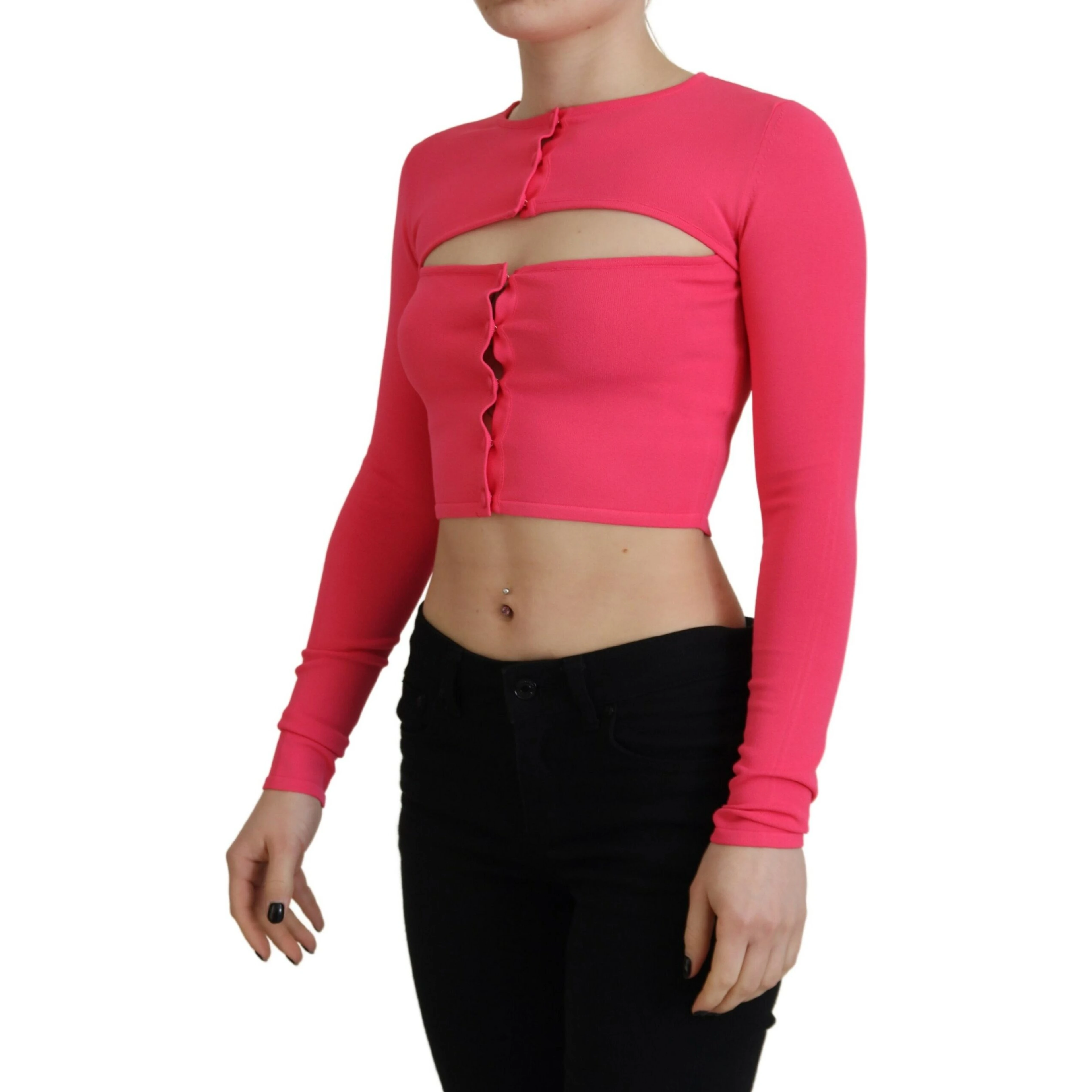 Pink Viscose Knit Open Chest Long Sleeves Top