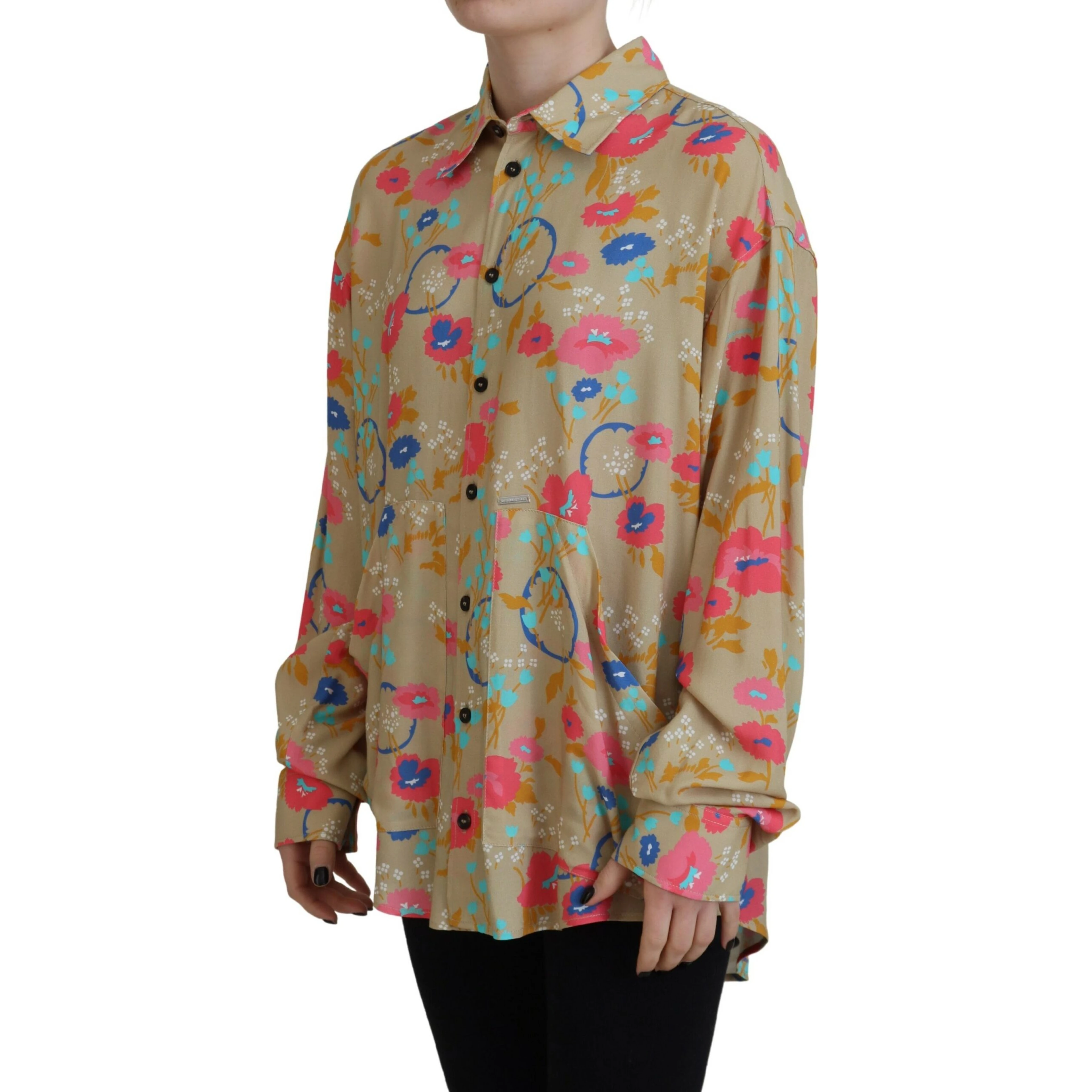 Beige Floral Collared Button Down Long Sleeves Shirt