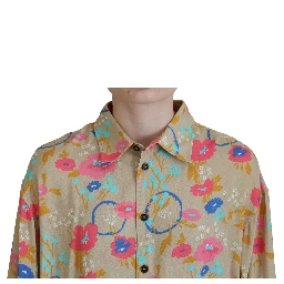Beige Floral Collared Button Down Long Sleeves Shirt