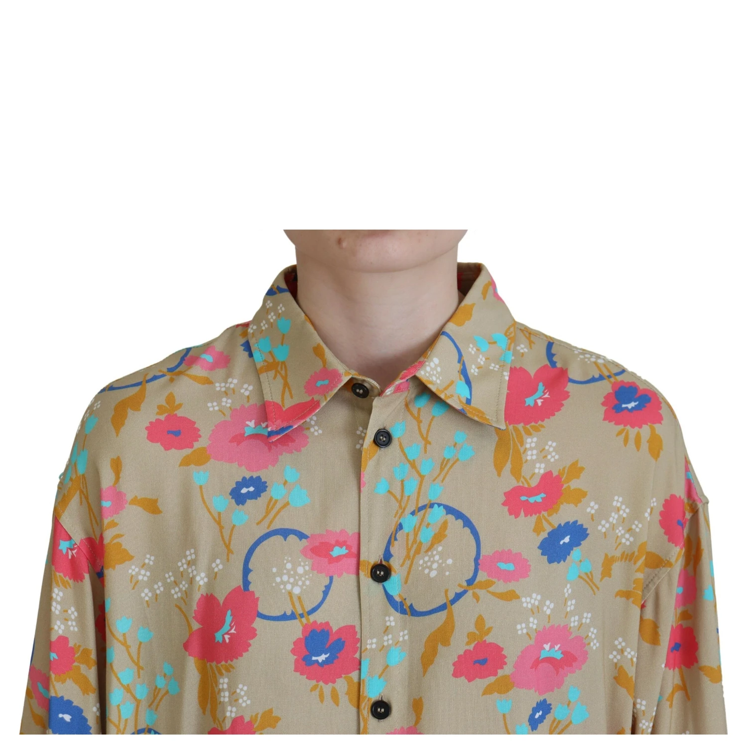 Beige Floral Collared Button Down Long Sleeves Shirt