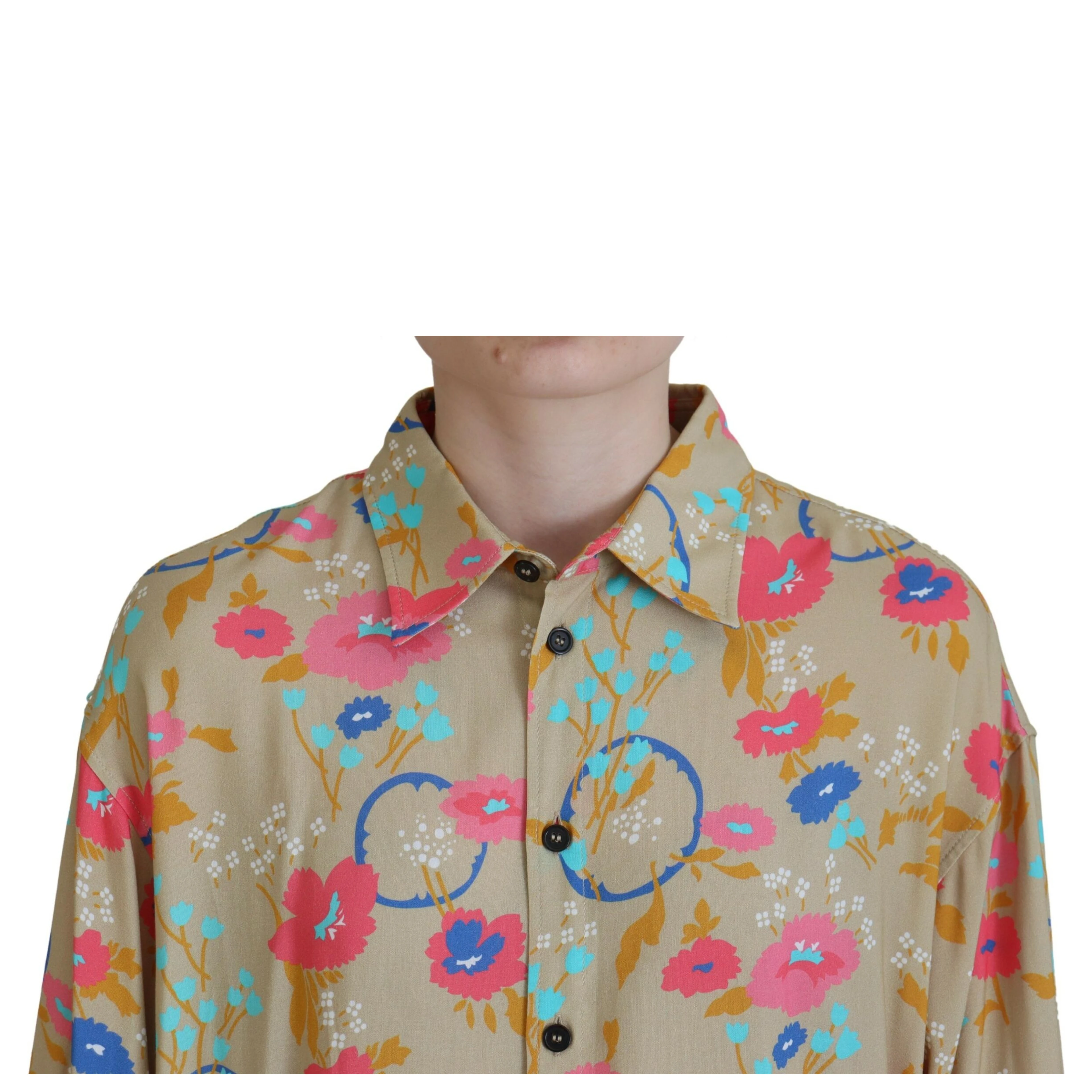 Beige Floral Collared Button Down Long Sleeves Shirt