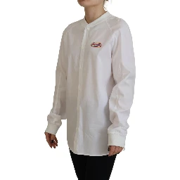 White Cotton Button Down Long Sleeves Crewneck Top