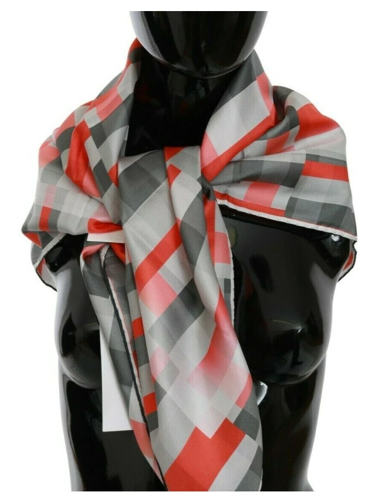Gray Red Silk Shawl Foulard Wrap  Scarf