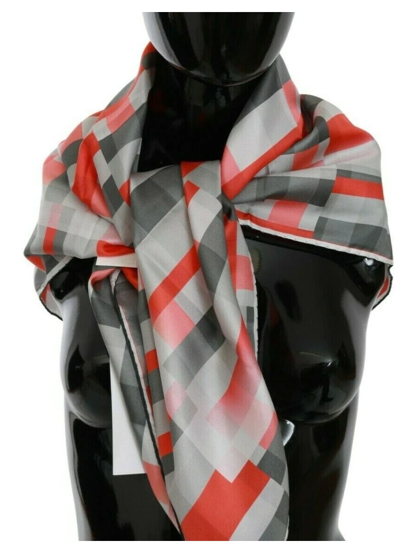 Gray Red Silk Shawl Foulard Wrap  Scarf