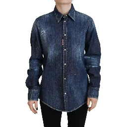 Blue Washed Cotton Button Down Collared Denim Top