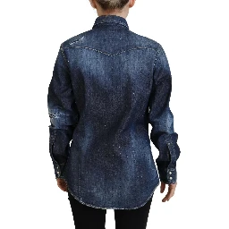 Blue Washed Cotton Button Down Collared Denim Top