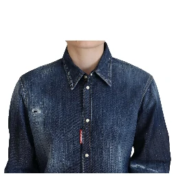Blue Washed Cotton Button Down Collared Denim Top