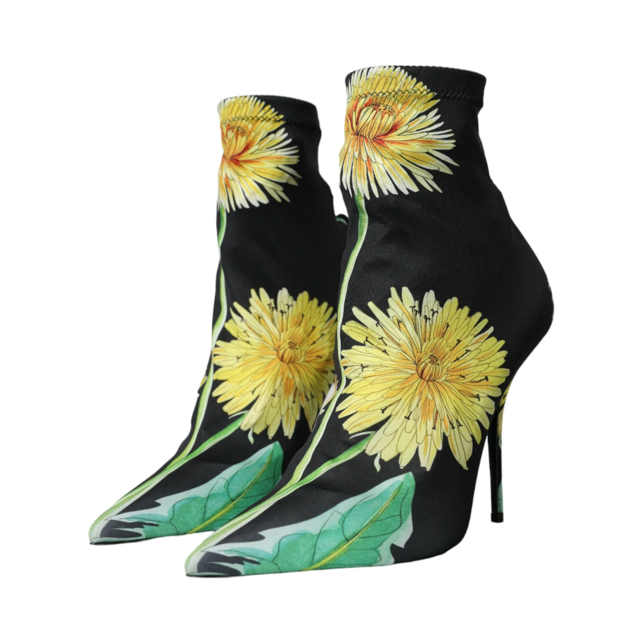 Black Floral Jersey Stretch Ankle Boots Shoes