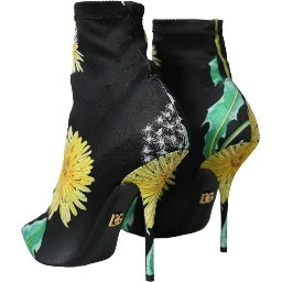 Black Floral Jersey Stretch Ankle Boots Shoes