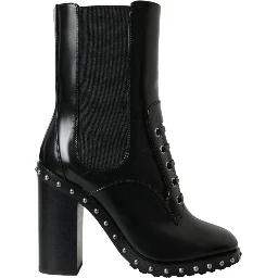 Black Leather Studded Lace Up Boots Shoes