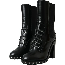 Black Leather Studded Lace Up Boots Shoes