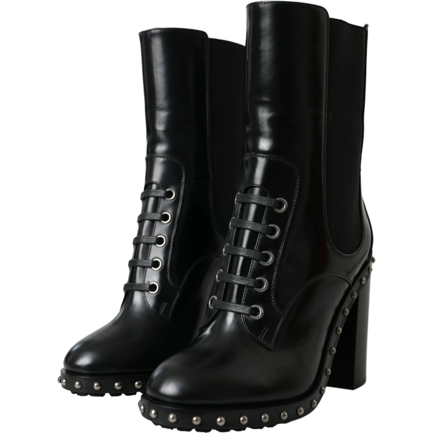Black Leather Studded Lace Up Boots Shoes