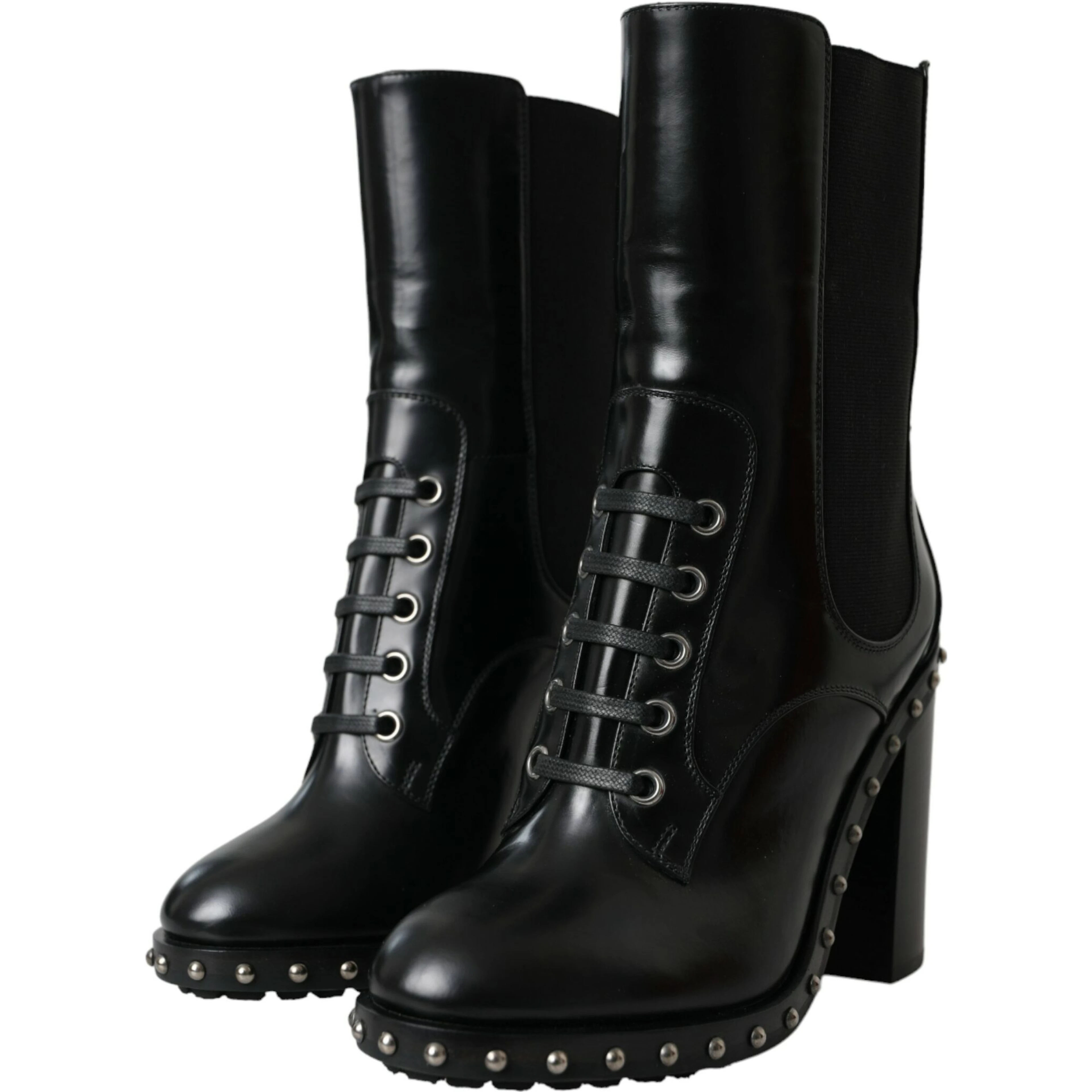 Black Leather Studded Lace Up Boots Shoes