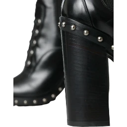 Black Leather Studded Lace Up Boots Shoes