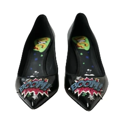 Black Leather BOOM Patch Heels Pumps Shoes