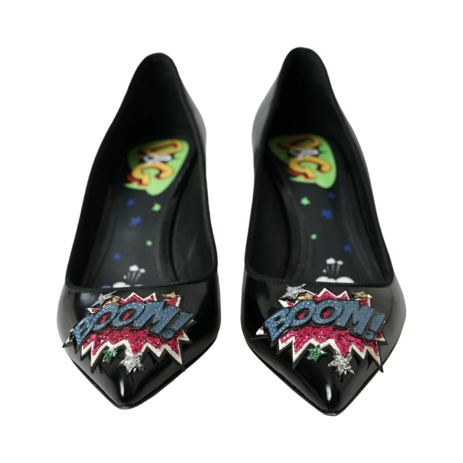 Black Leather BOOM Patch Heels Pumps Shoes
