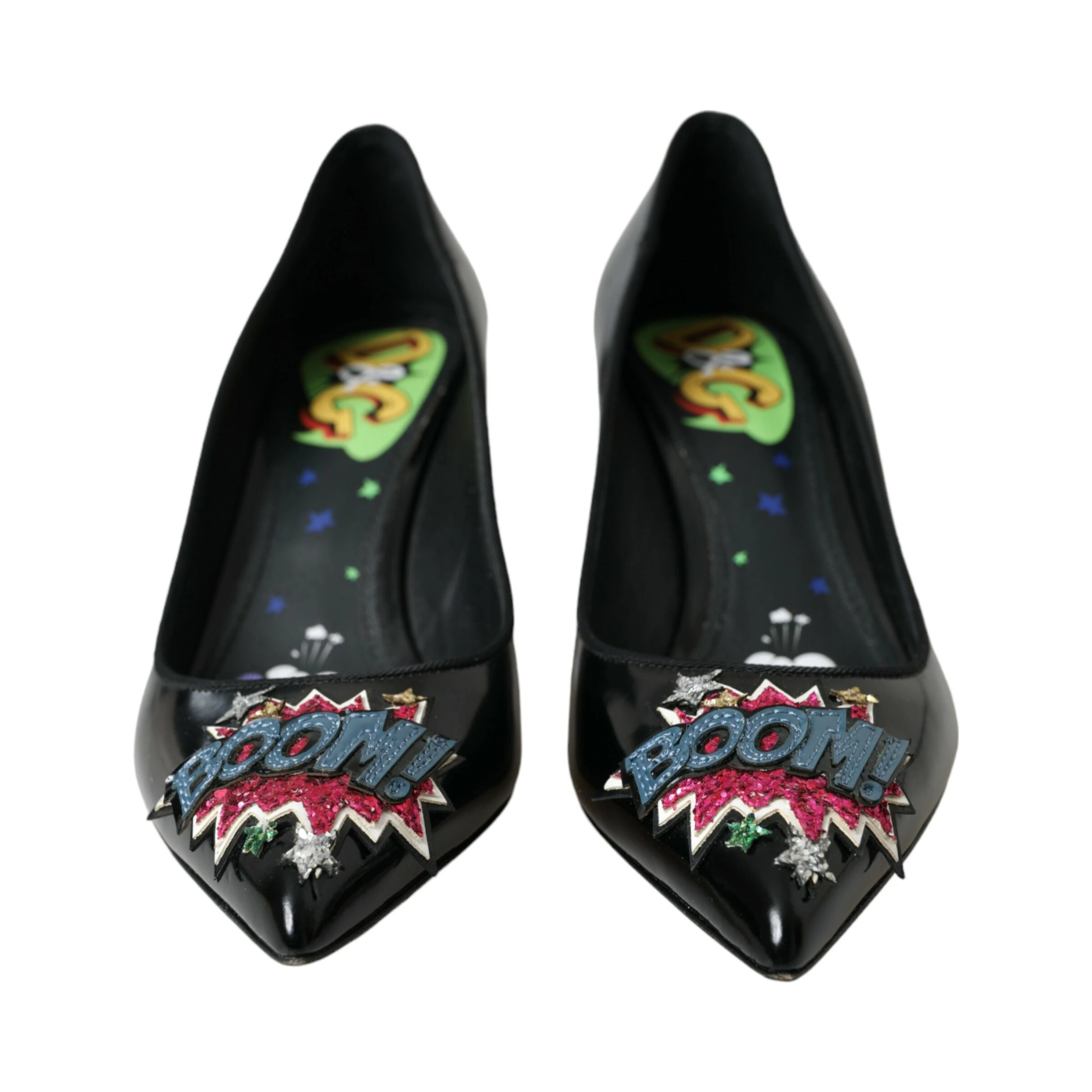 Black Leather BOOM Patch Heels Pumps Shoes