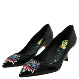 Black Leather BOOM Patch Heels Pumps Shoes