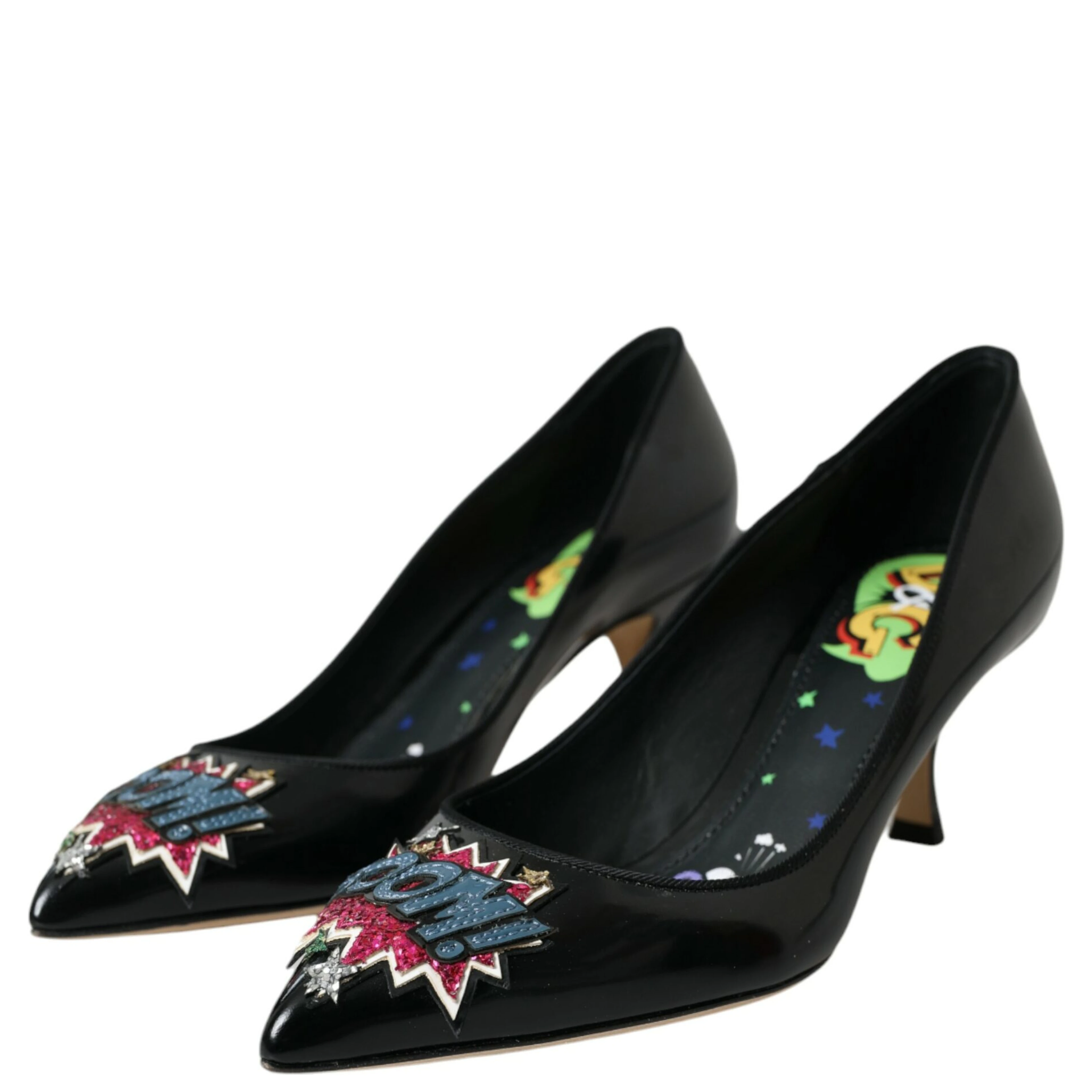 Black Leather BOOM Patch Heels Pumps Shoes
