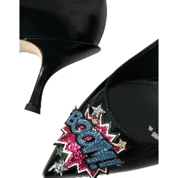 Black Leather BOOM Patch Heels Pumps Shoes