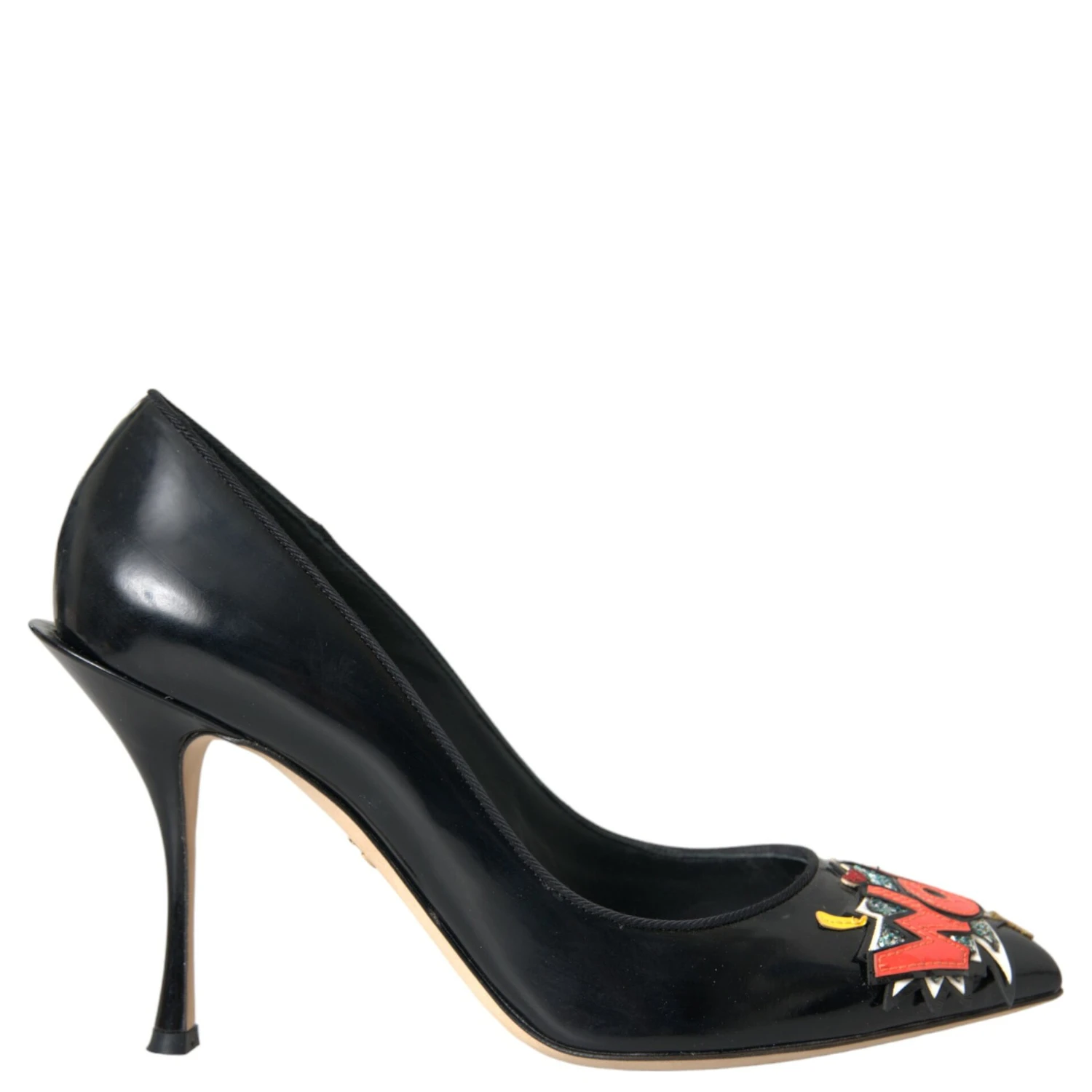 Black Leather WOW Patch Heels Pumps Shoes