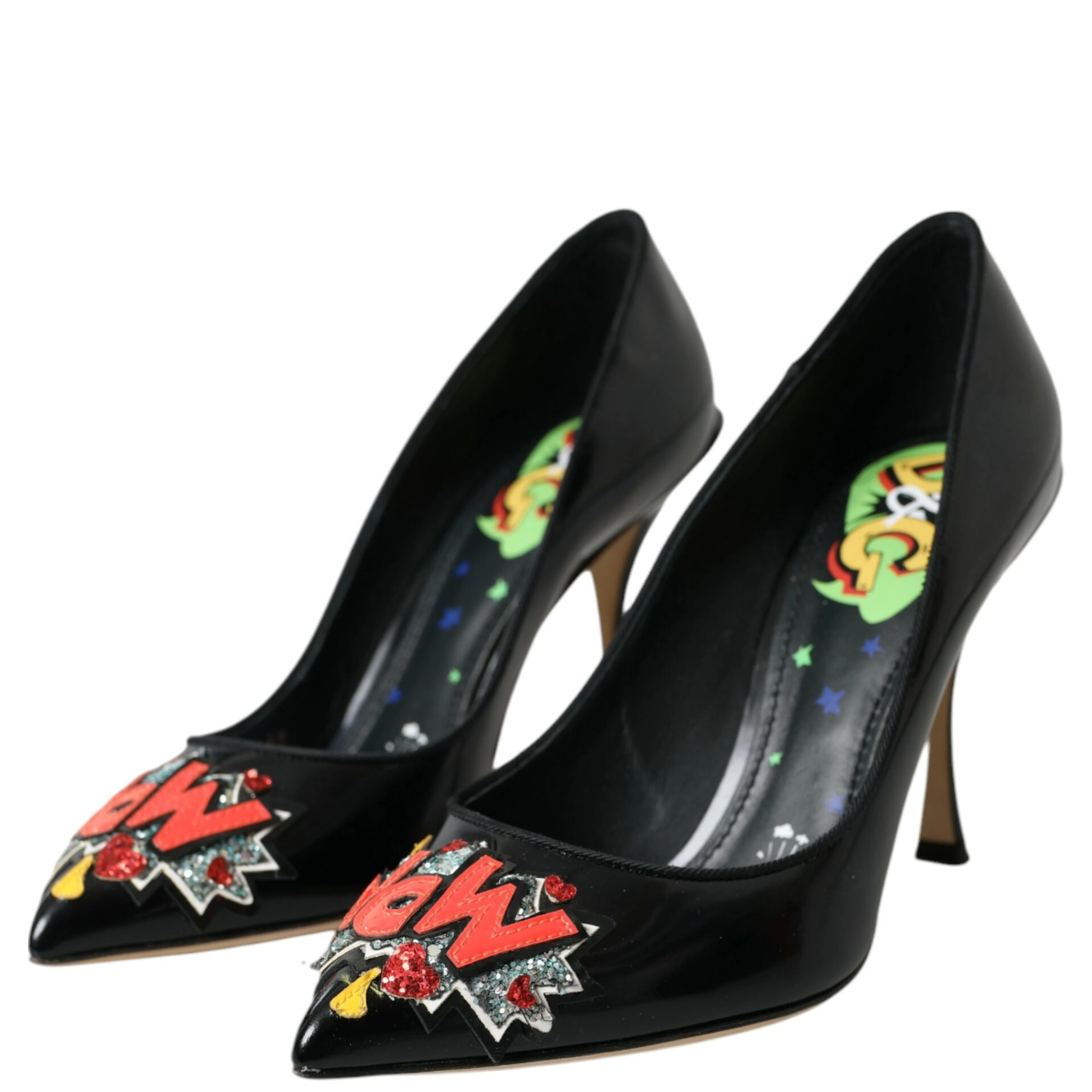 Black Leather WOW Patch Heels Pumps Shoes