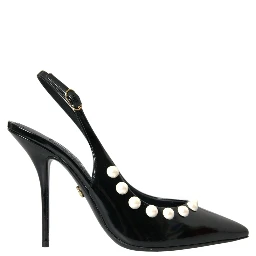 Black Leather Faux Pearl Heel Slingback Shoes