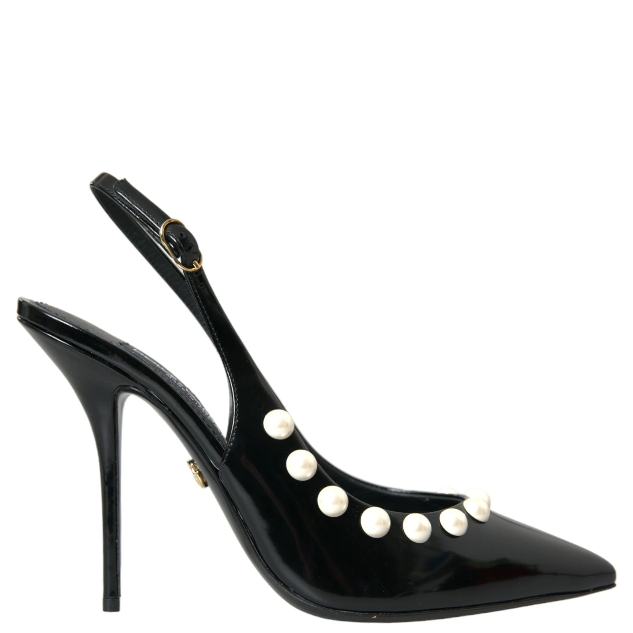 Black Leather Faux Pearl Heel Slingback Shoes