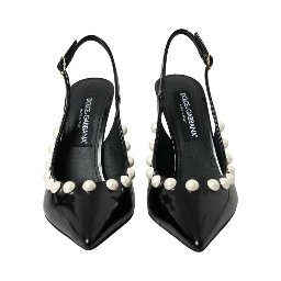 Black Leather Faux Pearl Heel Slingback Shoes
