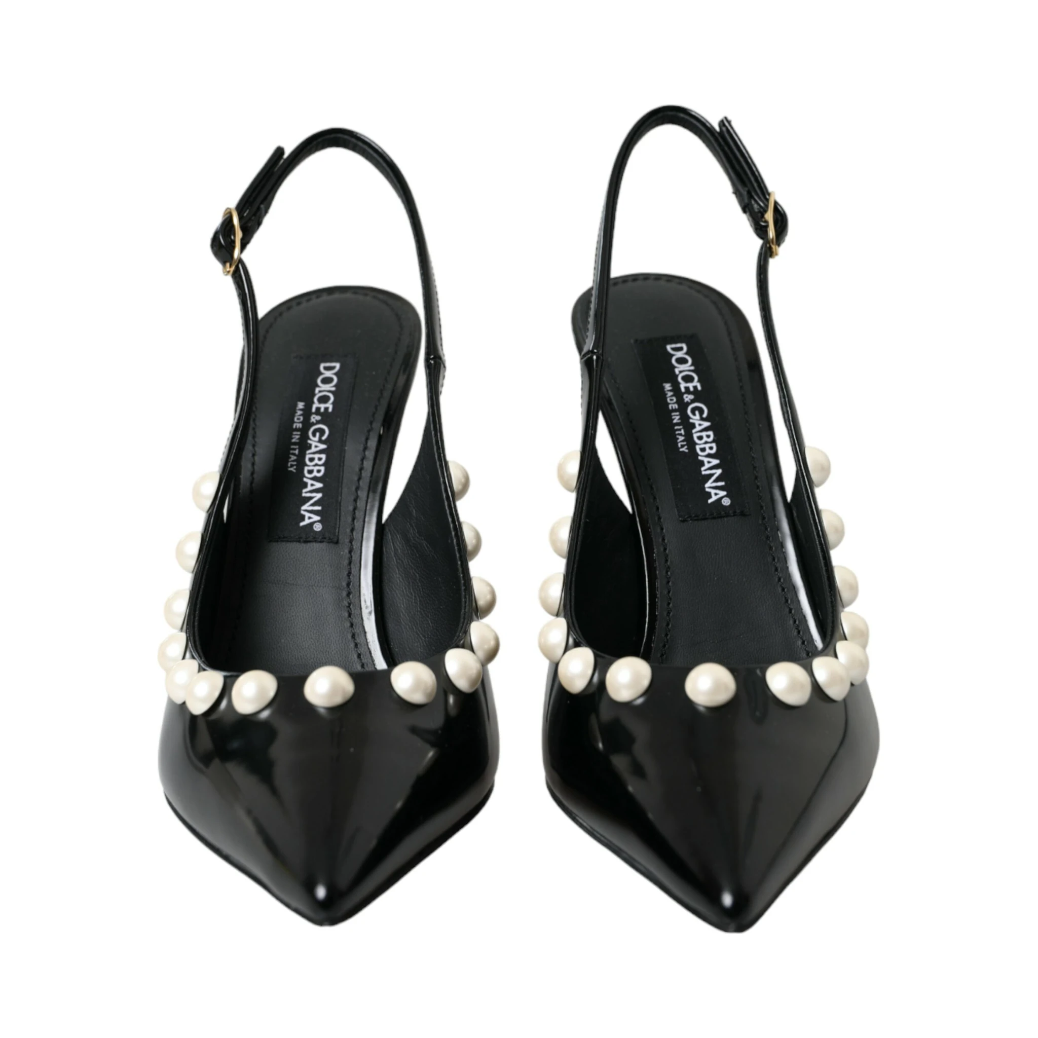 Black Leather Faux Pearl Heel Slingback Shoes