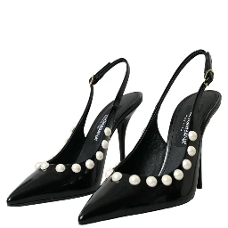 Black Leather Faux Pearl Heel Slingback Shoes