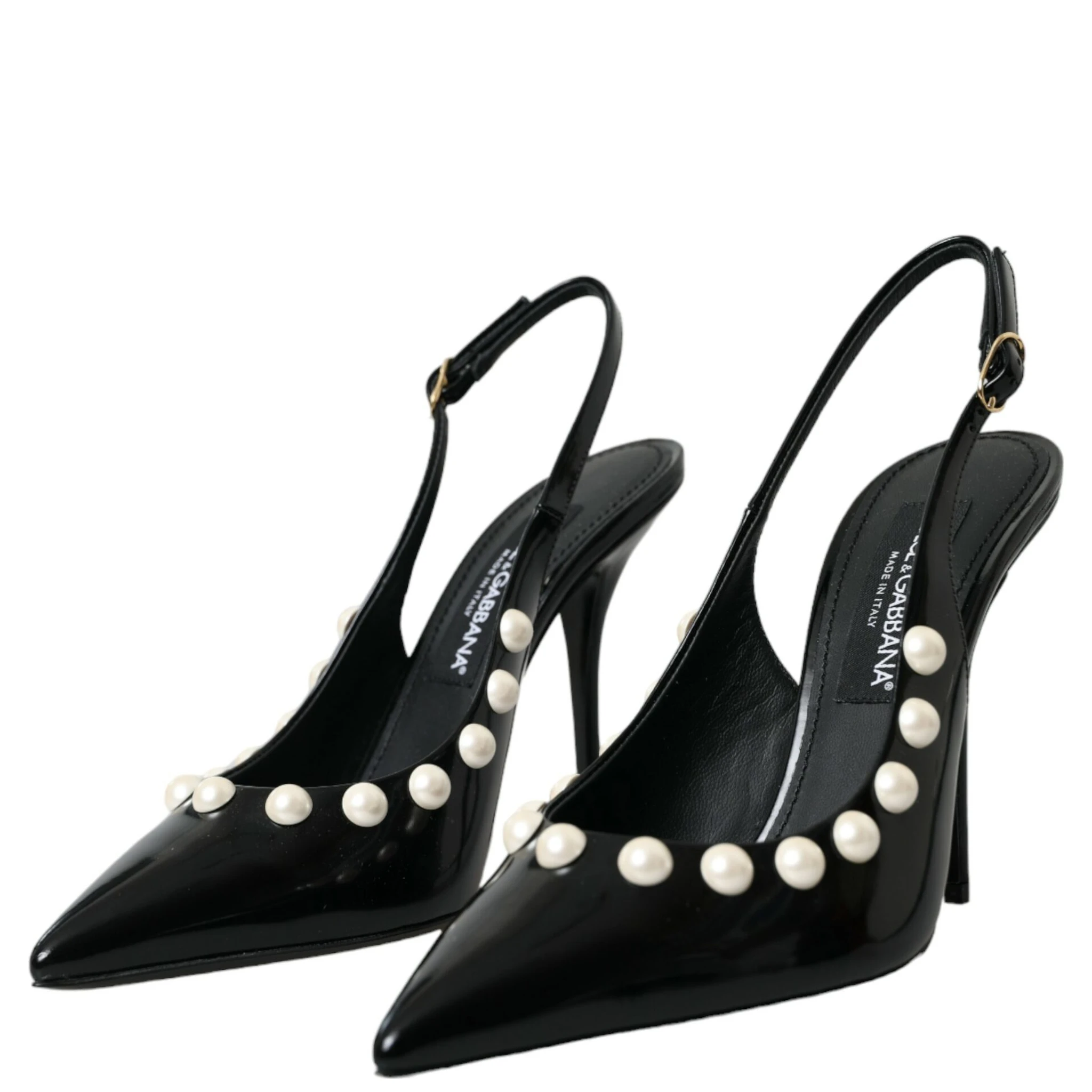 Black Leather Faux Pearl Heel Slingback Shoes