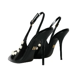 Black Leather Faux Pearl Heel Slingback Shoes