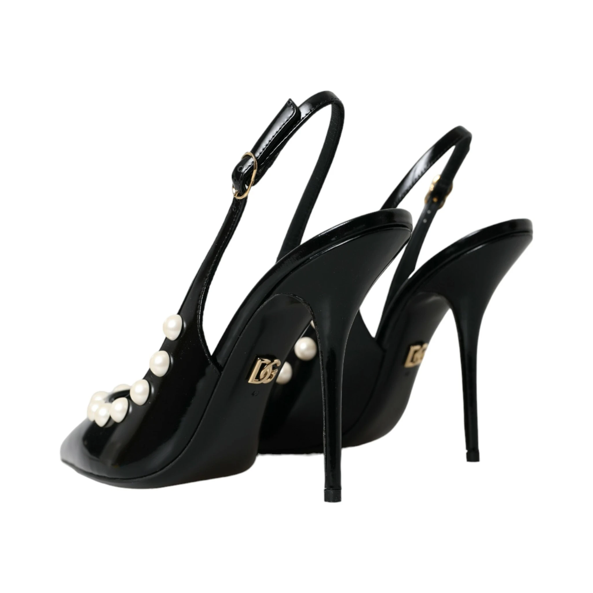 Black Leather Faux Pearl Heel Slingback Shoes