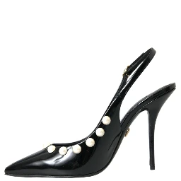Black Leather Faux Pearl Heel Slingback Shoes