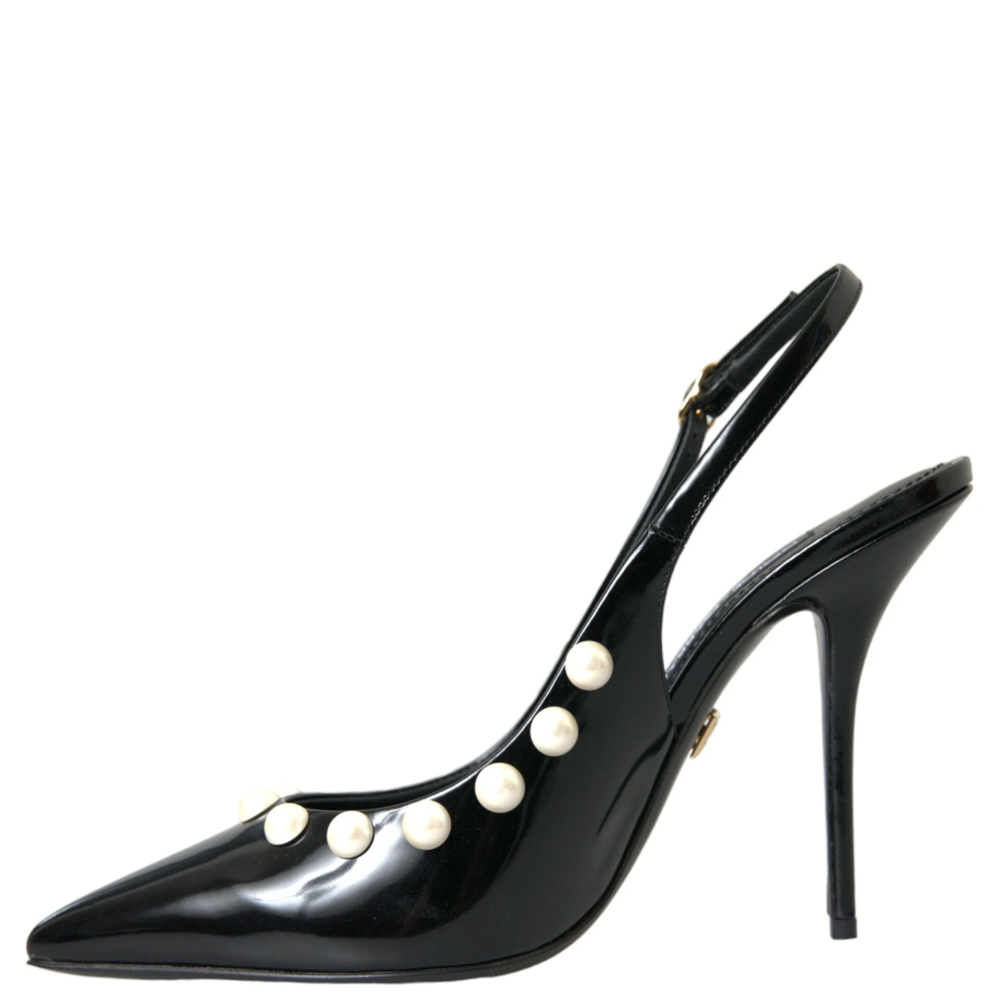 Black Leather Faux Pearl Heel Slingback Shoes