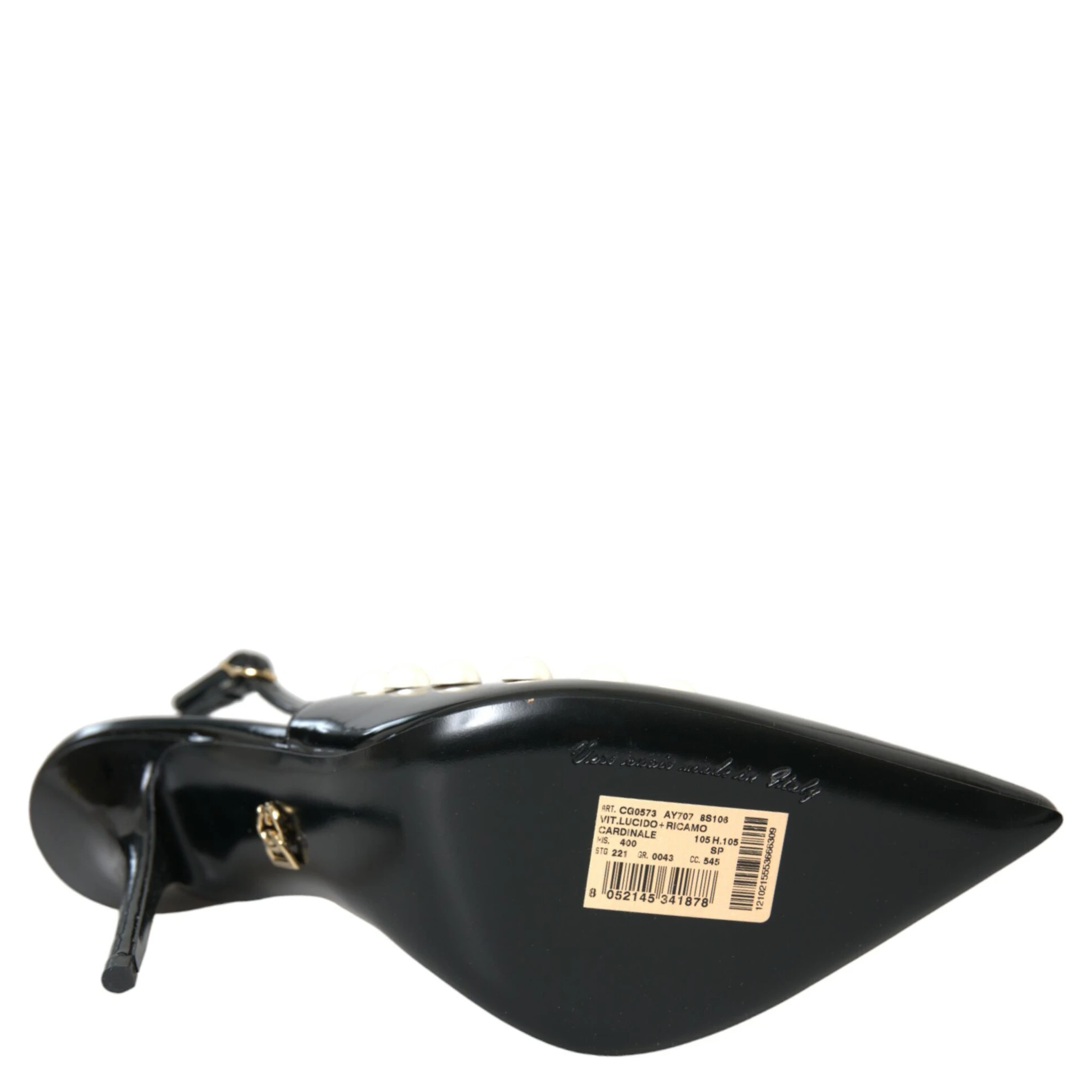 Black Leather Faux Pearl Heel Slingback Shoes